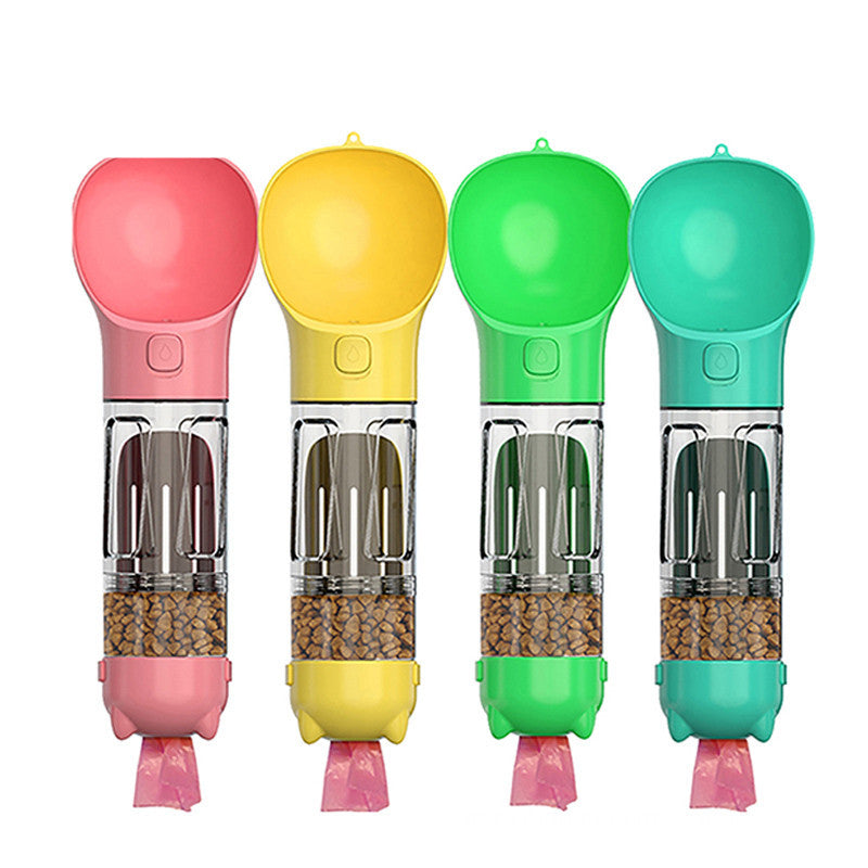 dog bottle with food and poop scoop