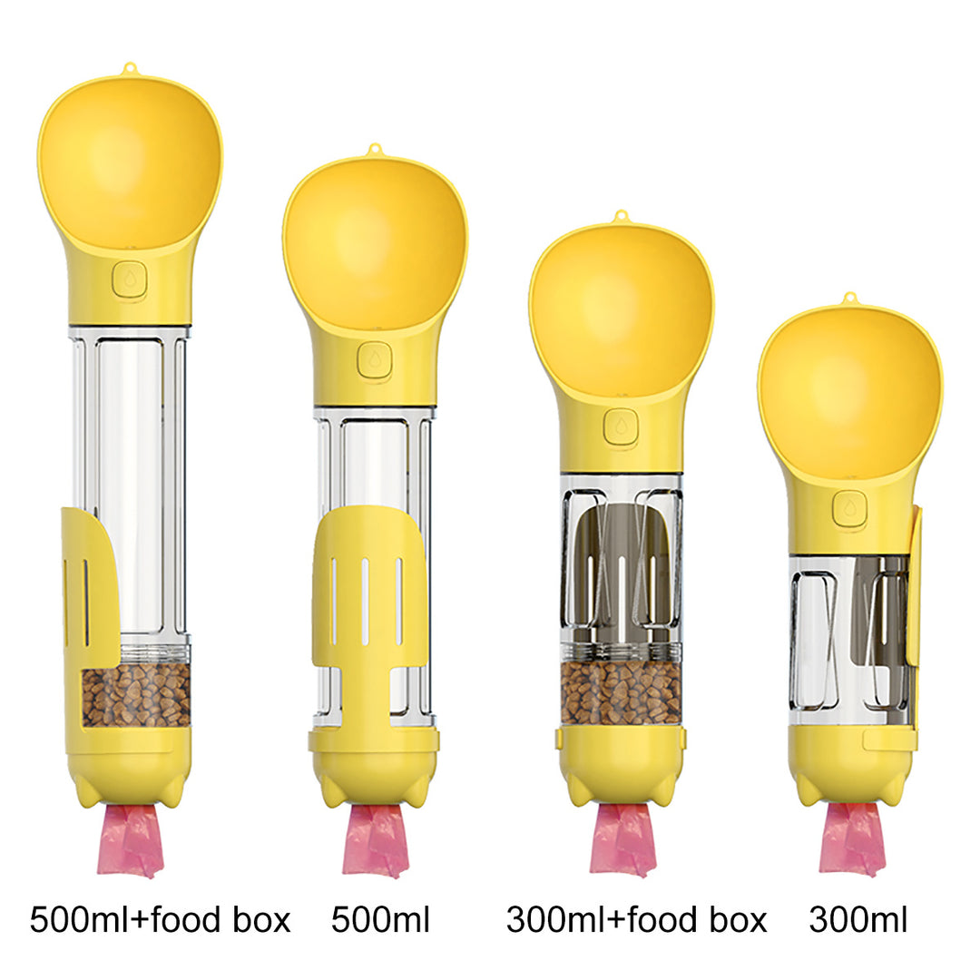 dog bottle with food and poop scoop